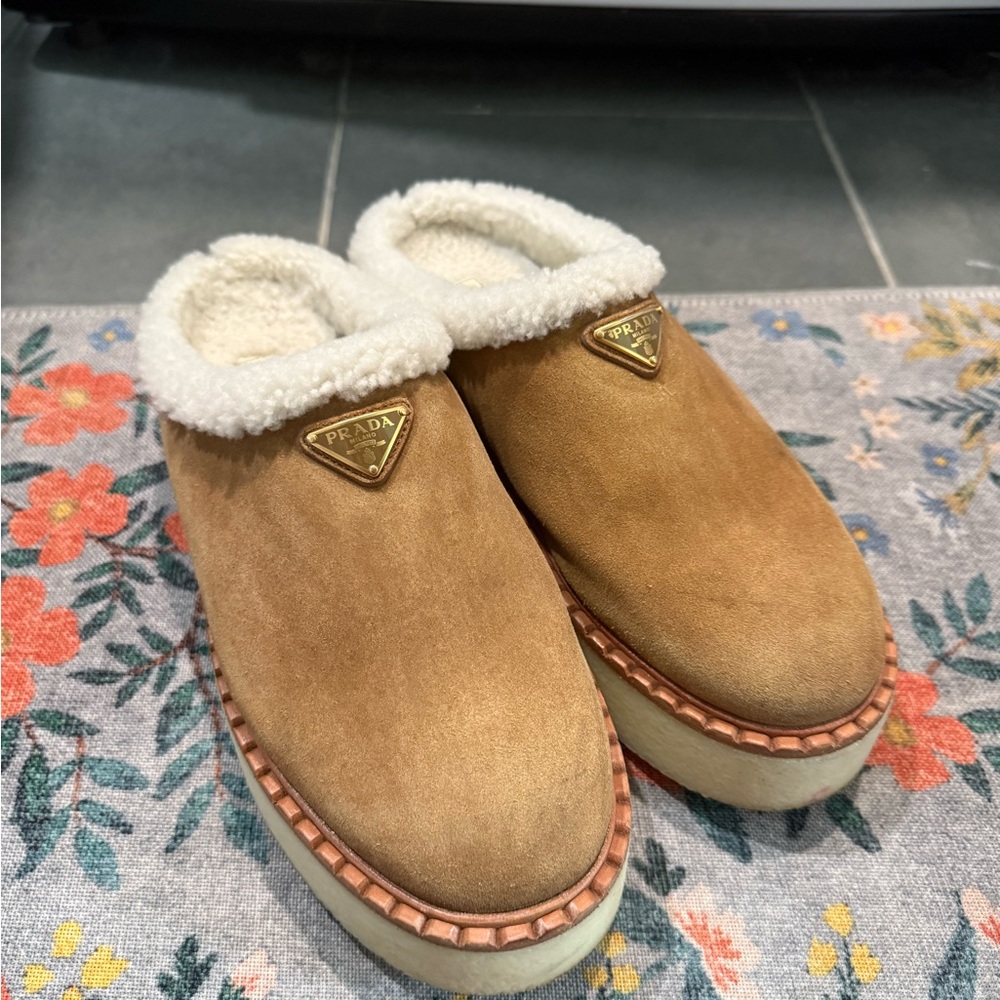 Prada - Camel Suede Shearling Mules